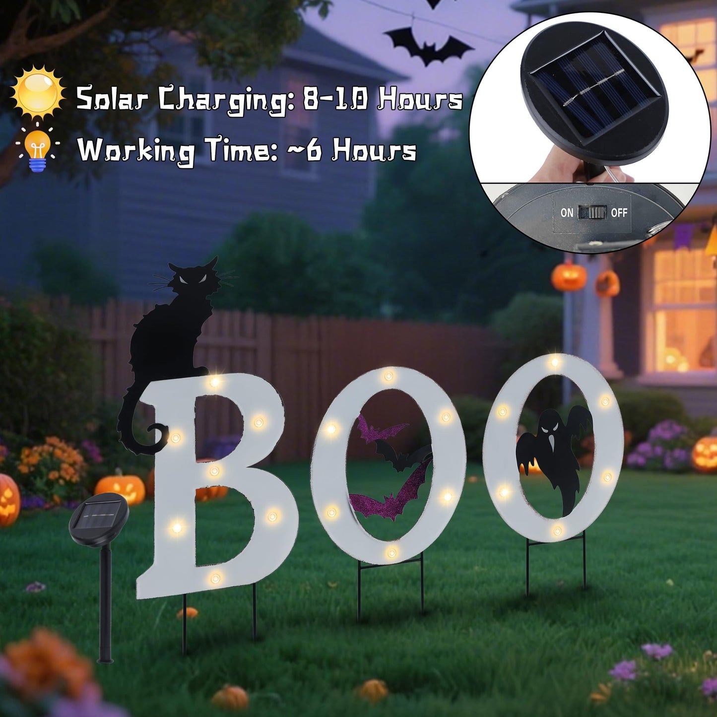Prsildan 3 Pack Halloween Decorations Outdoor Solar Lighted Boo Yard Sign | Waterproof Metal Lawn Stakes, Solar-Powered, Bats, Cat & Ghost, For Front Yard, Porch, Garden, Spooky Halloween Party Decor