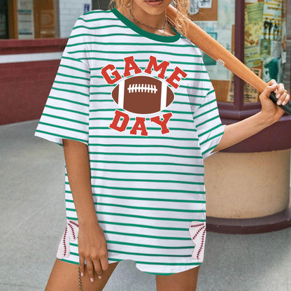 Football Shirts for Women Oversize Game Day T-Shirts Bow Side Split T-Shirt | Football Season Graphic Tee Tops Oversize Football Graphic Short Sleeve Tee Top