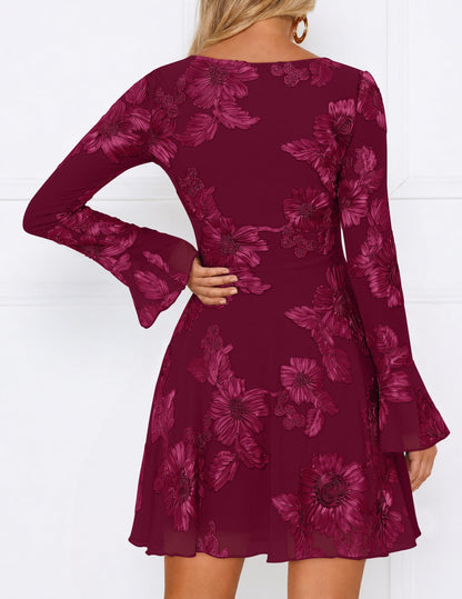 ZESICA Women's 2026 Fall Floral Wedding Guest Cocktail Mini Dress