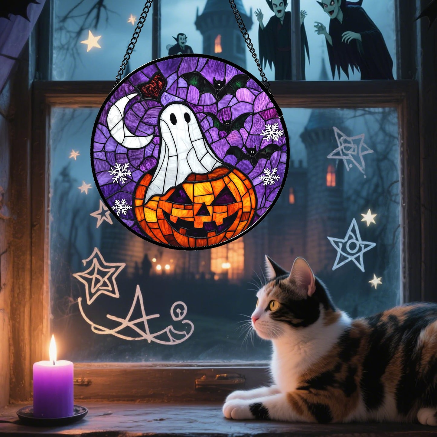Stained Glass Window Hanging, Halloween Decorations Evil Pumpkin Suncatcher for Doors Garden Indoor Spooky Funny Orange Sun Catchers Gothic Decor Horror Gifts for Women Men Friend 15 in