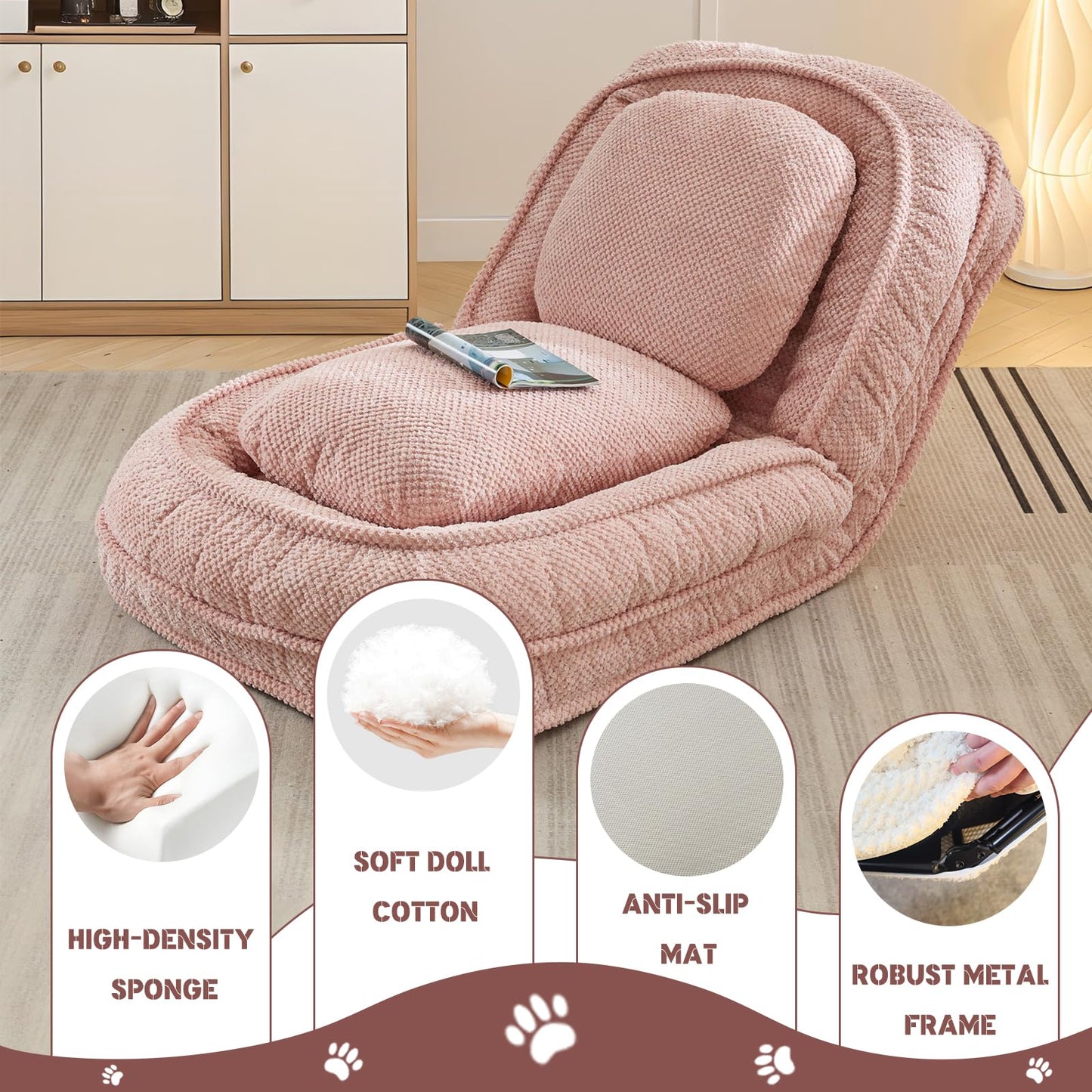 Upholstered Convertible Lounge Chair with 2 Soft Pillows
