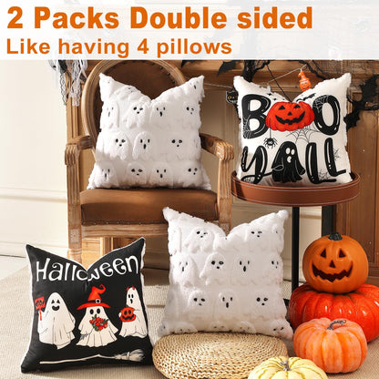 TOYPOPOR Halloween Decorations, 2 Packs Double Sided Ghost Pillow Covers, Soft Fur Throw Pillow Cases Indoor outdoor Pumpkin Couch Cushion Case for Fall Autumn Bedroom Living Room Home Decor 18''x18''