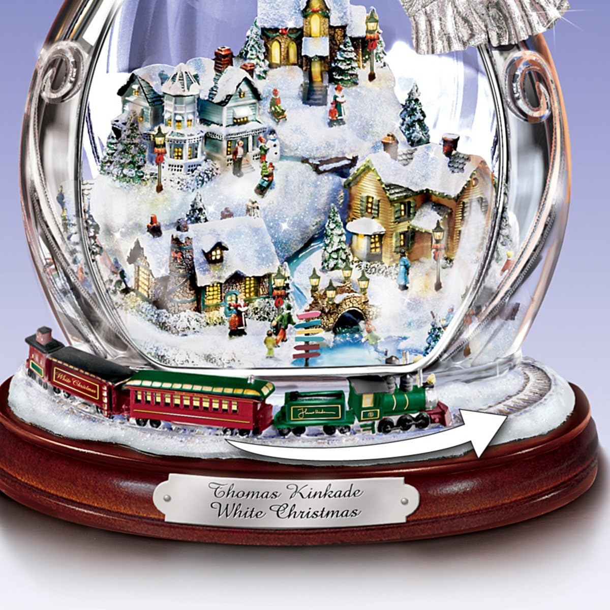 Thomas Kinkade White Christmas Crystal Snowman, Handcrafted Figurine with Lighted Village and Moving Train, Bradford Exchange Collectible