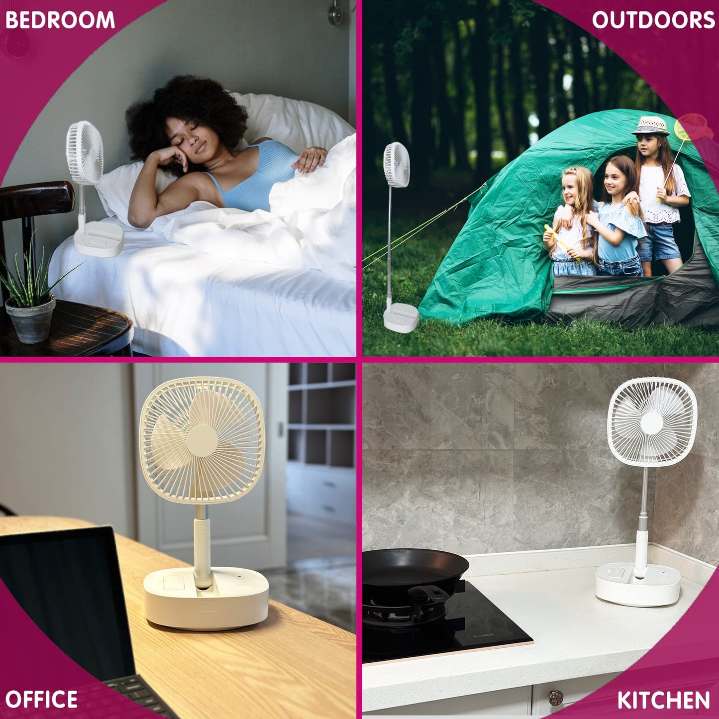 Magesh Portable Pedestal Fan - Foldaway Standing Fan Foldable Desk Fan, Use 7200Mah Rechargeable Battery, Remote Control Telescopic 4 Speed Quiet Timer Fan for Home Kitchen Outdoor Camping (Pink)