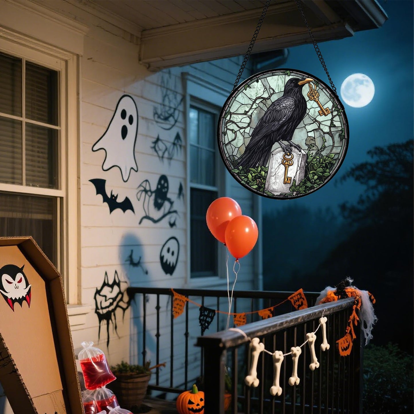Stained Glass Window Hanging - Halloween Red White Scary Pumpkin Suncatcher for Doors Garden Home Spooky Rattan Sun Catchers Gothic Decor Horror Gifts for Women Men Friend Boy Girl 15 in
