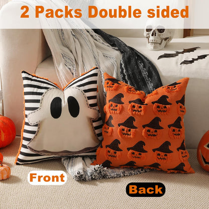 TOYPOPOR Halloween Decorations, 2 Packs Double Sided Ghost Pillow Covers, Soft Fur Throw Pillow Cases Indoor outdoor Pumpkin Couch Cushion Case for Fall Autumn Bedroom Living Room Home Decor 18''x18''
