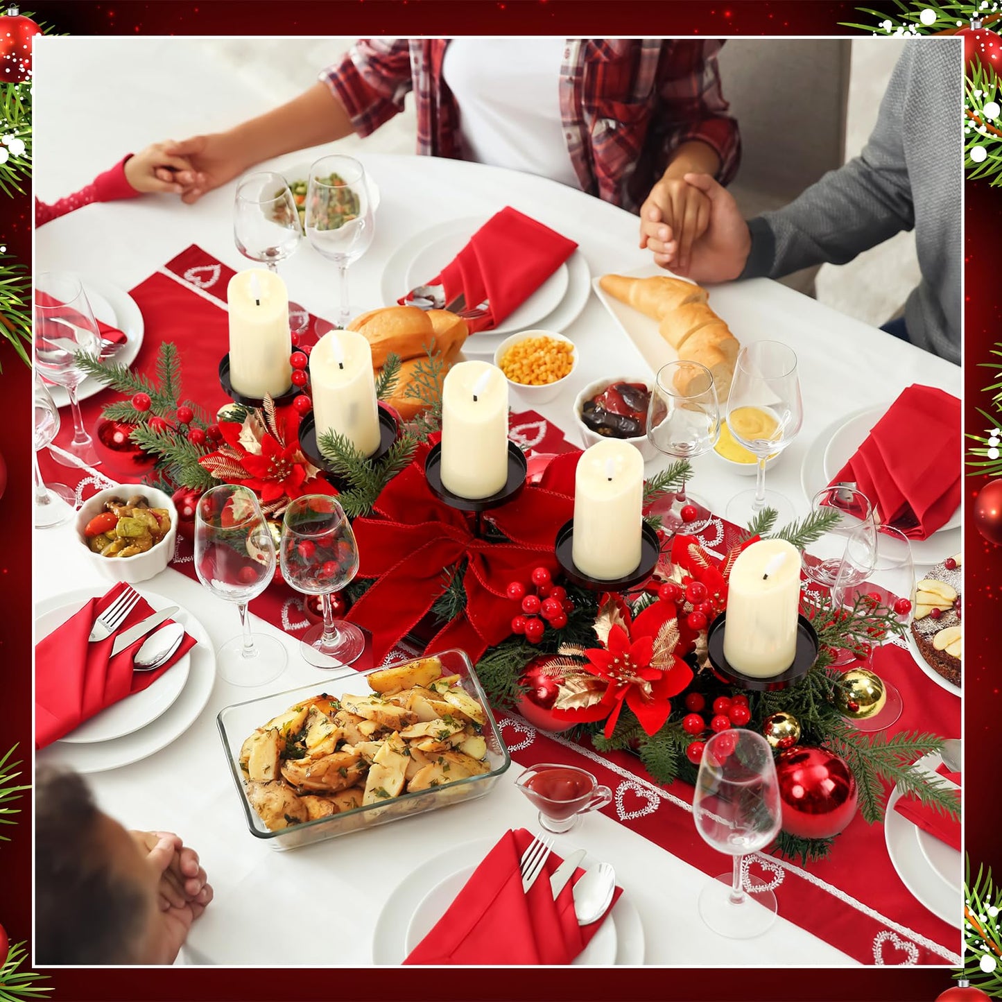 Funnymoom Christmas Tabletop Centerpiece 30 Inch Christmas Poinsettia Candle Holder with 5 Candle Artificial Table Decorations with Red Berries Gold Plants(Red Ball)