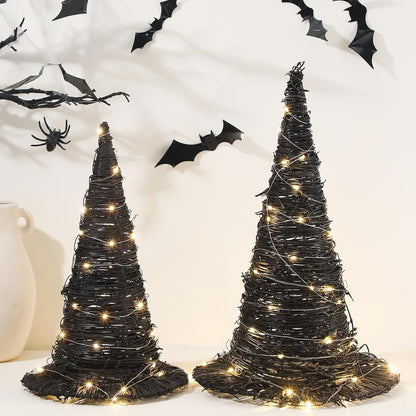 Leinuosen 2 Pcs Halloween Rattan Witch Hat Decor with String Lights Wicker Wizard Hats Woven Witch Hat for Indoor Outdoor Halloween Party Supplies Home Bedroom Garden Patio Backyard Decoration