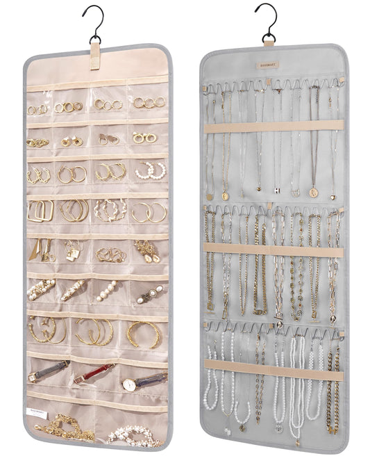 BAGSMART Hanging Jewelry Organizer Storage Roll with Hanger Metal Hooks Double-Sided Jewelry Holder for Earrings, Necklaces, Rings on Closet, Wall, Door, 1 piece, Medium, Pink