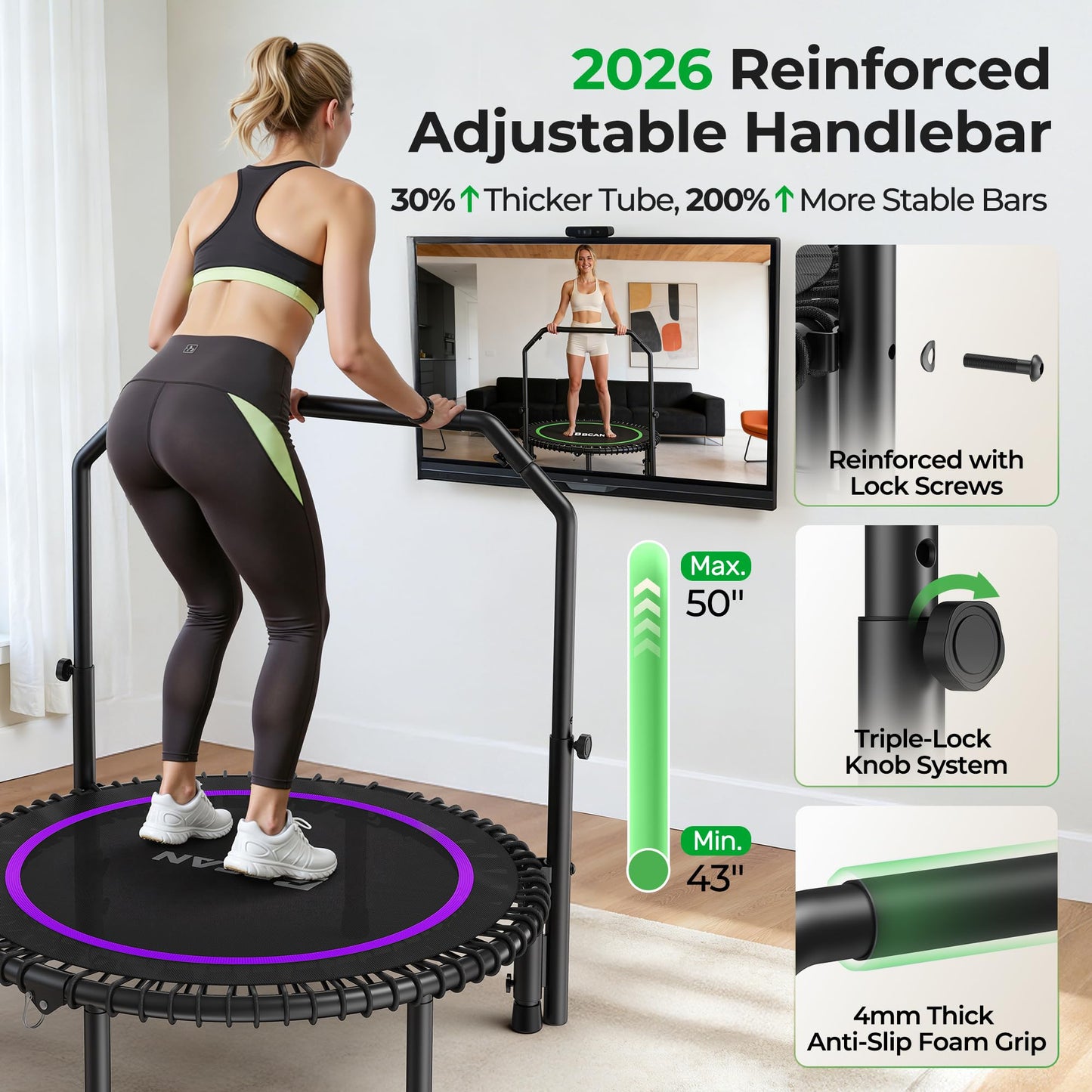 BCAN BT2 450/550LBS Mini Rebounder Trampoline for Adults with Bar, Fitness Trampoline with Bungees, Adjustable Handle, Stable & Quiet, Indoor Outdoor, Whole-Body Workout - 40IN/48IN | FED Fitness