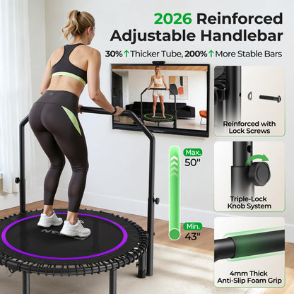 BCAN BT2 450/550LBS Mini Rebounder Trampoline for Adults with Bar, Fitness Trampoline with Bungees, Adjustable Handle, Stable & Quiet, Indoor Outdoor, Whole-Body Workout - 40IN/48IN | FED Fitness