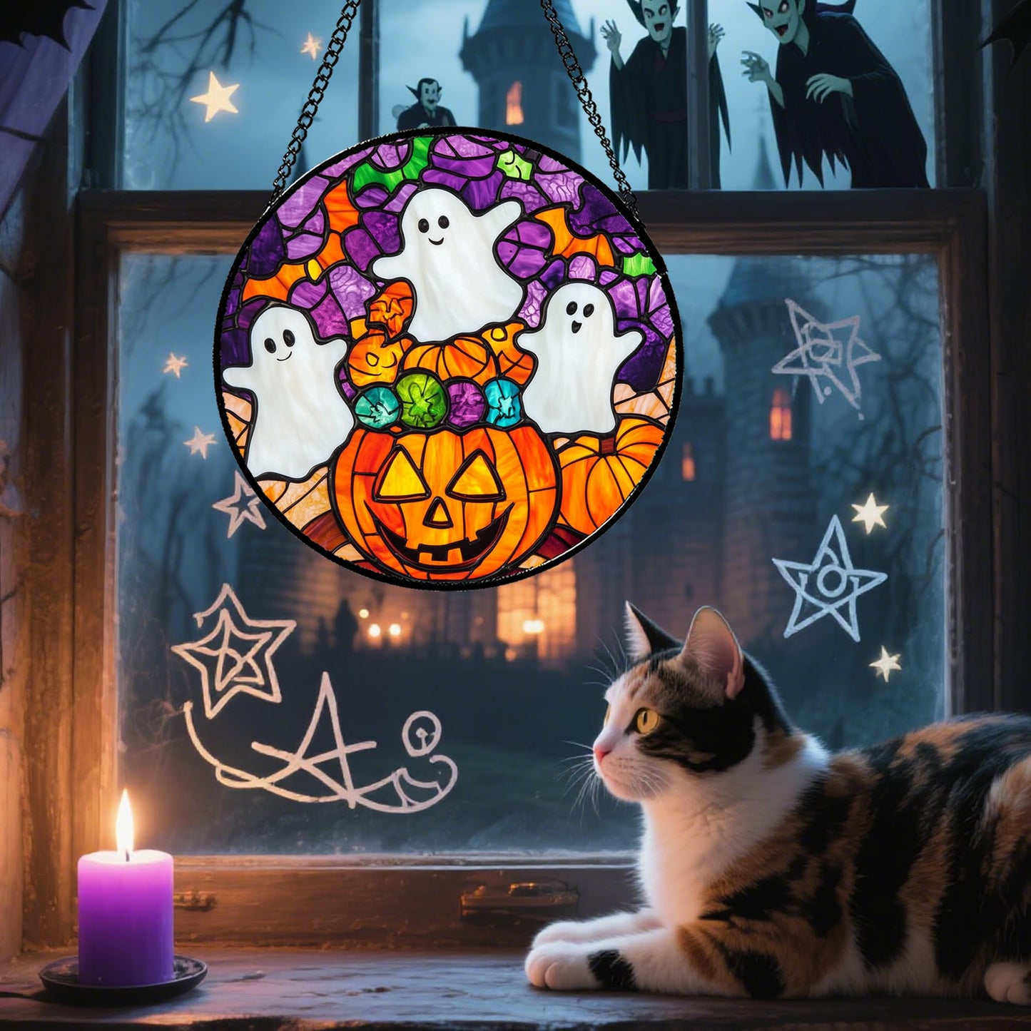 Stained Glass Window Hanging, Halloween Decorations Evil Pumpkin Suncatcher for Doors Garden Indoor Spooky Funny Orange Sun Catchers Gothic Decor Horror Gifts for Women Men Friend 15 in