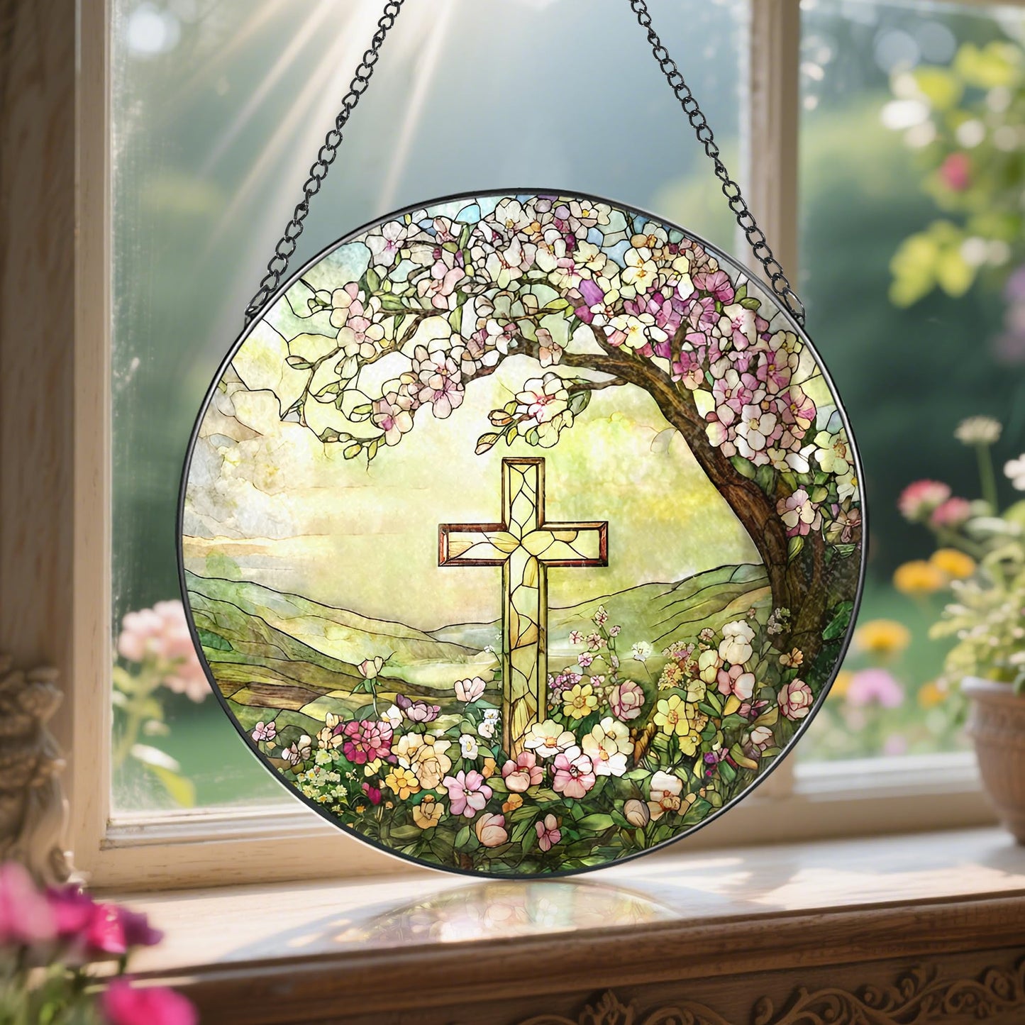 8-Inch Jesus with Cardinals Suncatcher Ornament, Stained Glass Window Hanging & Religious Christmas Ornament, Christian Window Decor — Memorial Gift, Christian Gifts for Her, Religious Gifts