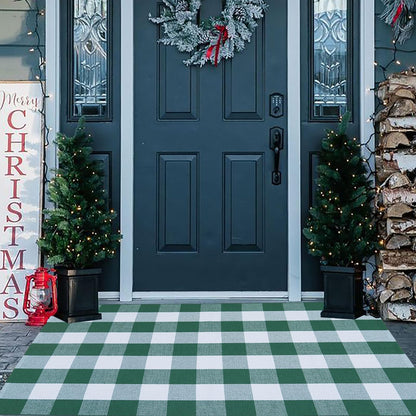 Christmas Door Mat Outdoor 35.4''x59'' Buffalo Plaid Christmas Decor Rug Cotton Hand-Woven Layered Door Mats Washable Carpet for Front Porch, Kitchen, Farmhouse, Entryway