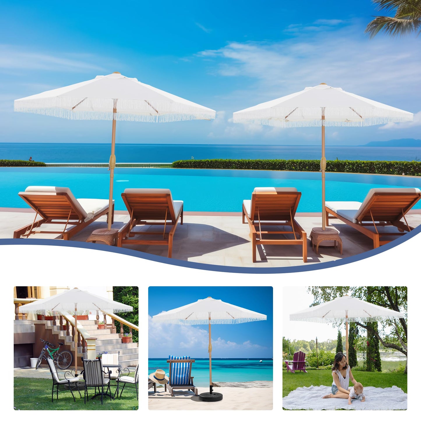 GDY 7.5ft Tassel Patio Umbrella and Matching Base, Outdoor Table Umbrella with 18 LED Lights,Market Umbrella with 6 Sturdy Ribs, with Push Button Tilt and Crank, Bright White