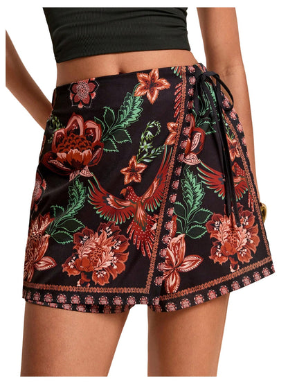Sweatyrocks Women's Boho Mini Skirts Floral Shorts Tie Side Wrap Elastic Waist Summer Skorts Beach Vacation Outfits