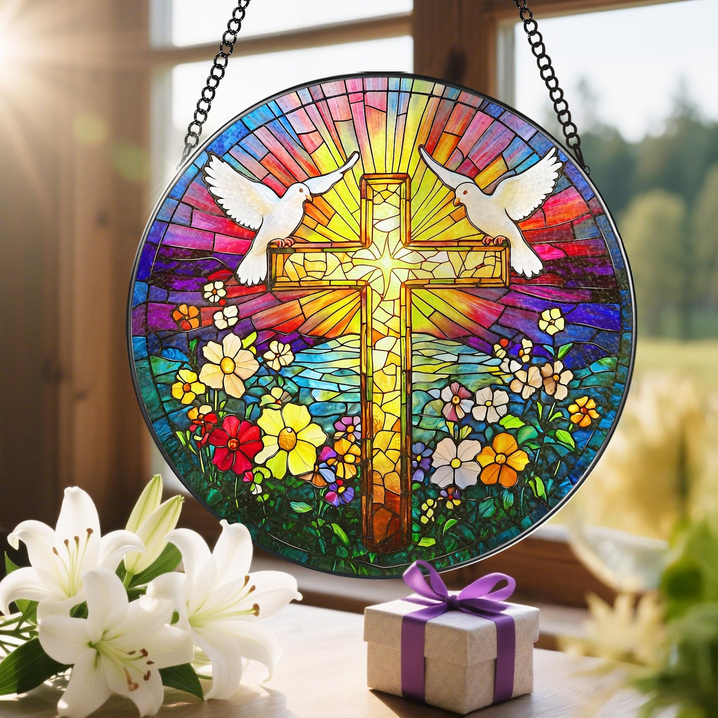 8-Inch Jesus with Cardinals Suncatcher Ornament, Stained Glass Window Hanging & Religious Christmas Ornament, Christian Window Decor — Memorial Gift, Christian Gifts for Her, Religious Gifts