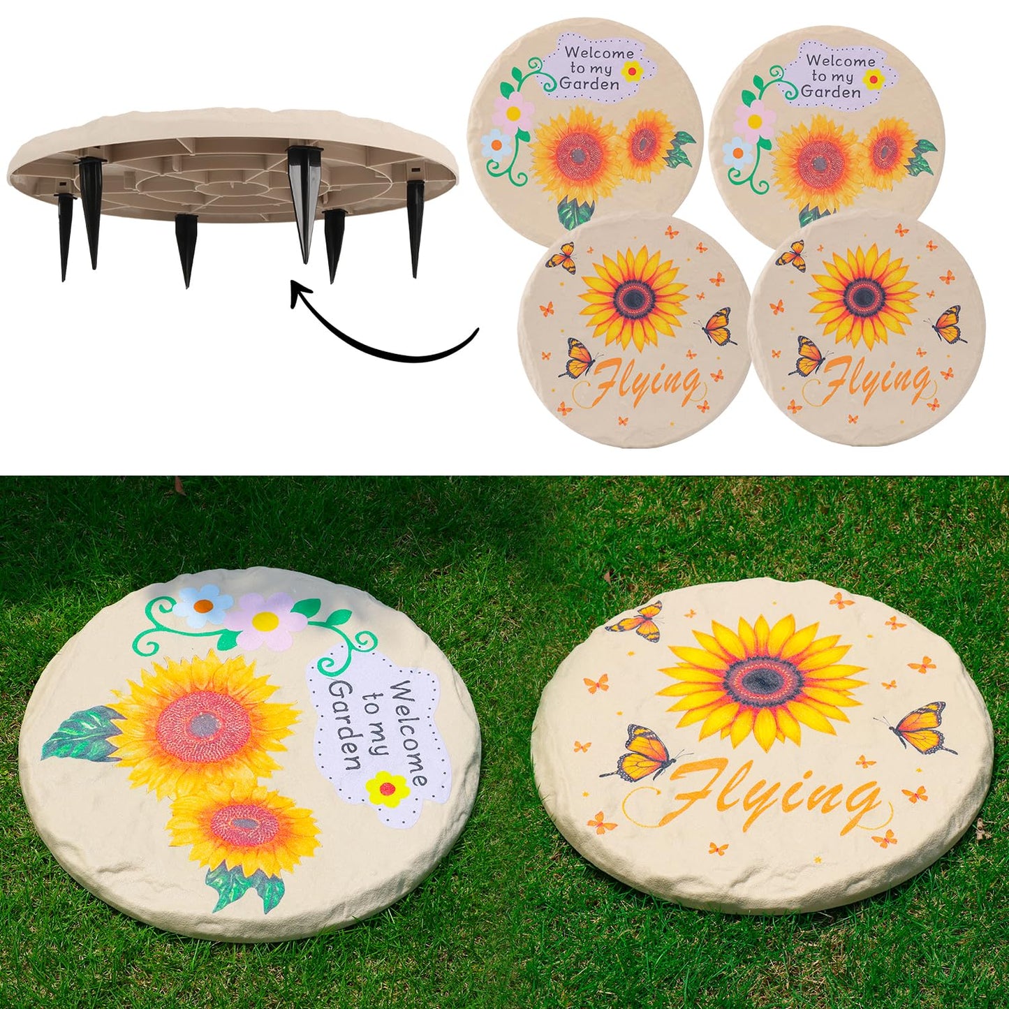4Pcs Large Stepping Stones Outdoor Garden Walkway, Durable Plastic Pavers for Patio, Pathway, and Landscaping, Weatherproof Stepping Stones with Ground Stakes for Easy Installation