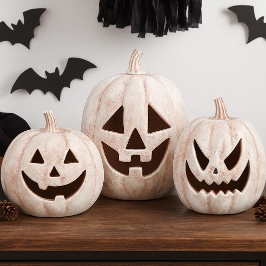 Vicenpal 3 Pcs Halloween Pumpkin Decorations Light Up Terracotta Pumpkin Lantern Vintage LED Resin Halloween Lights Decor for Fall Home Porch Front Door Mantel Room Decorations (Black)