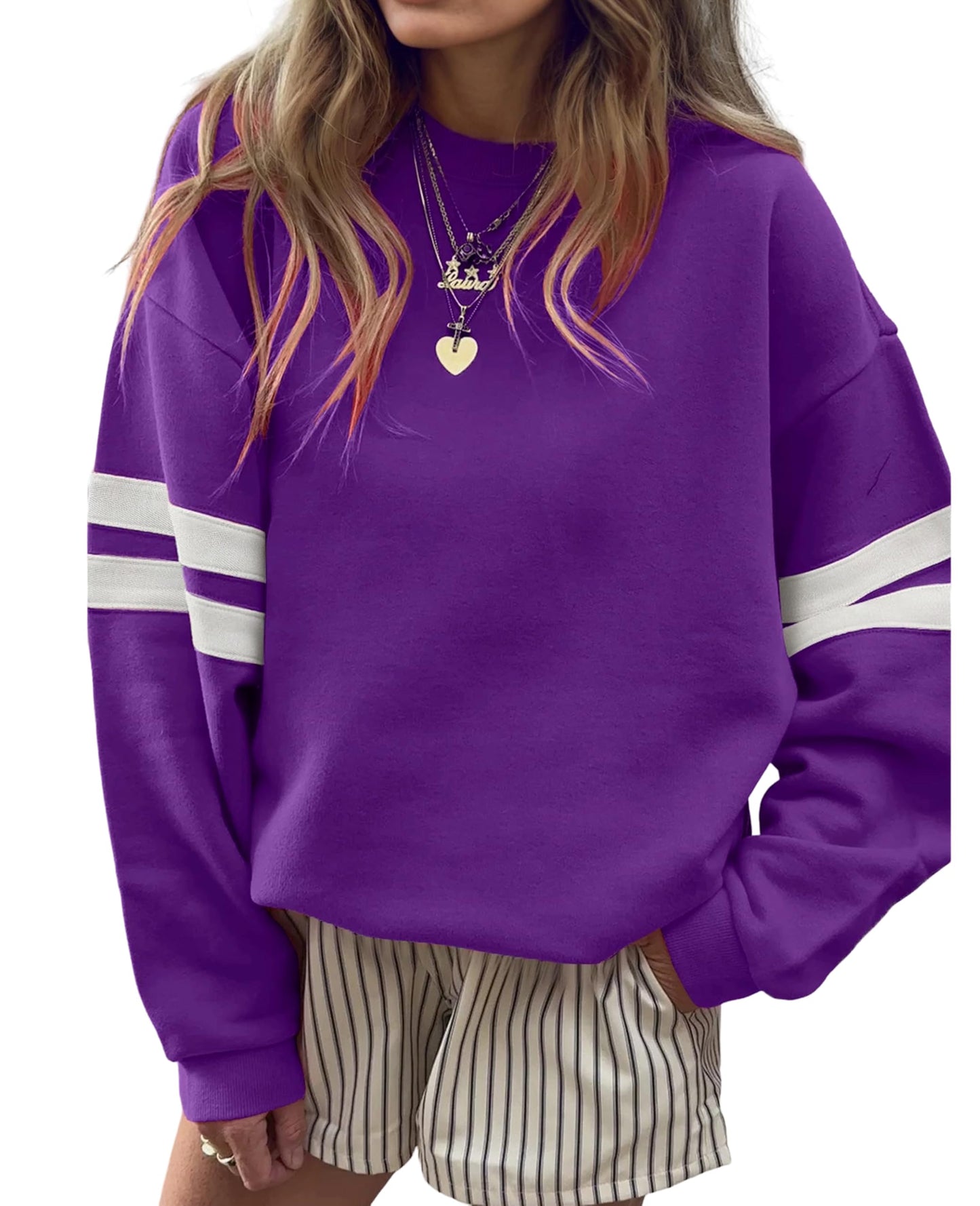 Selink Womens Varsity Striped Oversized Sweatshirt Crewneck Long Sleeve Casual Fashion Pullover Top Fall Outfits