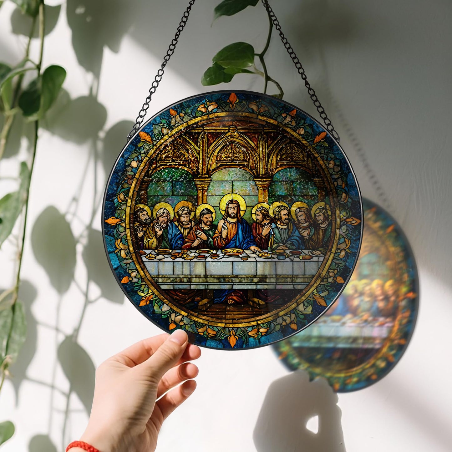 8-Inch Jesus with Cardinals Suncatcher Ornament, Stained Glass Window Hanging & Religious Christmas Ornament, Christian Window Decor — Memorial Gift, Christian Gifts for Her, Religious Gifts