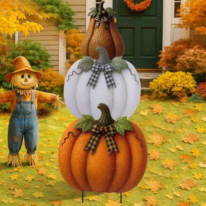3 Pcs Fall Metal Stacked Pumpkin Garden Stakes Outdoor 3D Retro Pumpkin Decoration Fall Yard Stakes Lawn Signs Decorative for Autumn Harvest Holiday Pathway Patio Decor