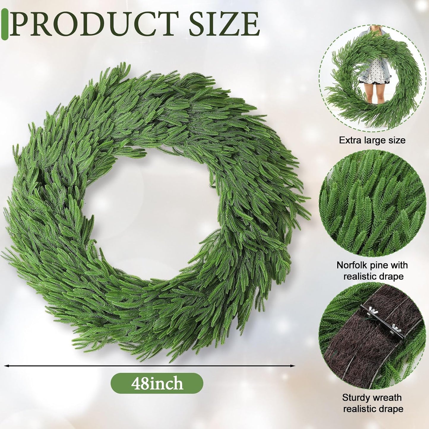 Wavwavw 48" Christmas Large Norfolk Pine Wreath for Front Door