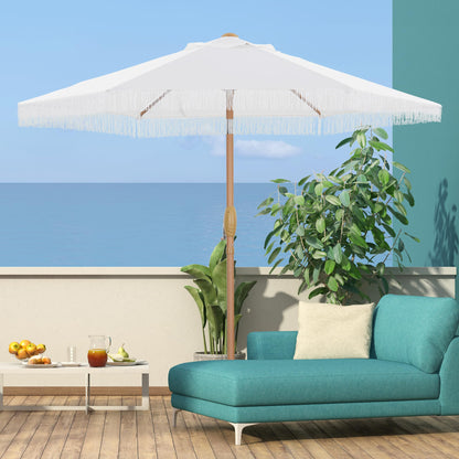 GDY 7.5ft Tassel Patio Umbrella and Matching Base, Outdoor Table Umbrella with 18 LED Lights,Market Umbrella with 6 Sturdy Ribs, with Push Button Tilt and Crank, Bright White