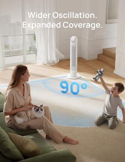 DREO Tower Fan for Bedroom, 2026 Upgraded DC Motor, 28ft/s High Velocity, 20dB Ultra Quiet Standing Fan, 8 Speeds 4 Modes, 90° Oscillating Bladeless Fan for Indoors, Floor Fans with Remote, Black