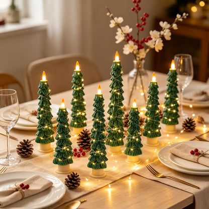 2 Pack White Christmas Tree LED Taper Candles, Flameless Flickering Candles with Copper String Lights, Upgraded Realistic Flame Effect, Battery Operated with Remote for Christmas Home Decoration