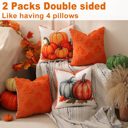TOYPOPOR Halloween Decorations, 2 Packs Double Sided Ghost Pillow Covers, Soft Fur Throw Pillow Cases Indoor outdoor Pumpkin Couch Cushion Case for Fall Autumn Bedroom Living Room Home Decor 18''x18''