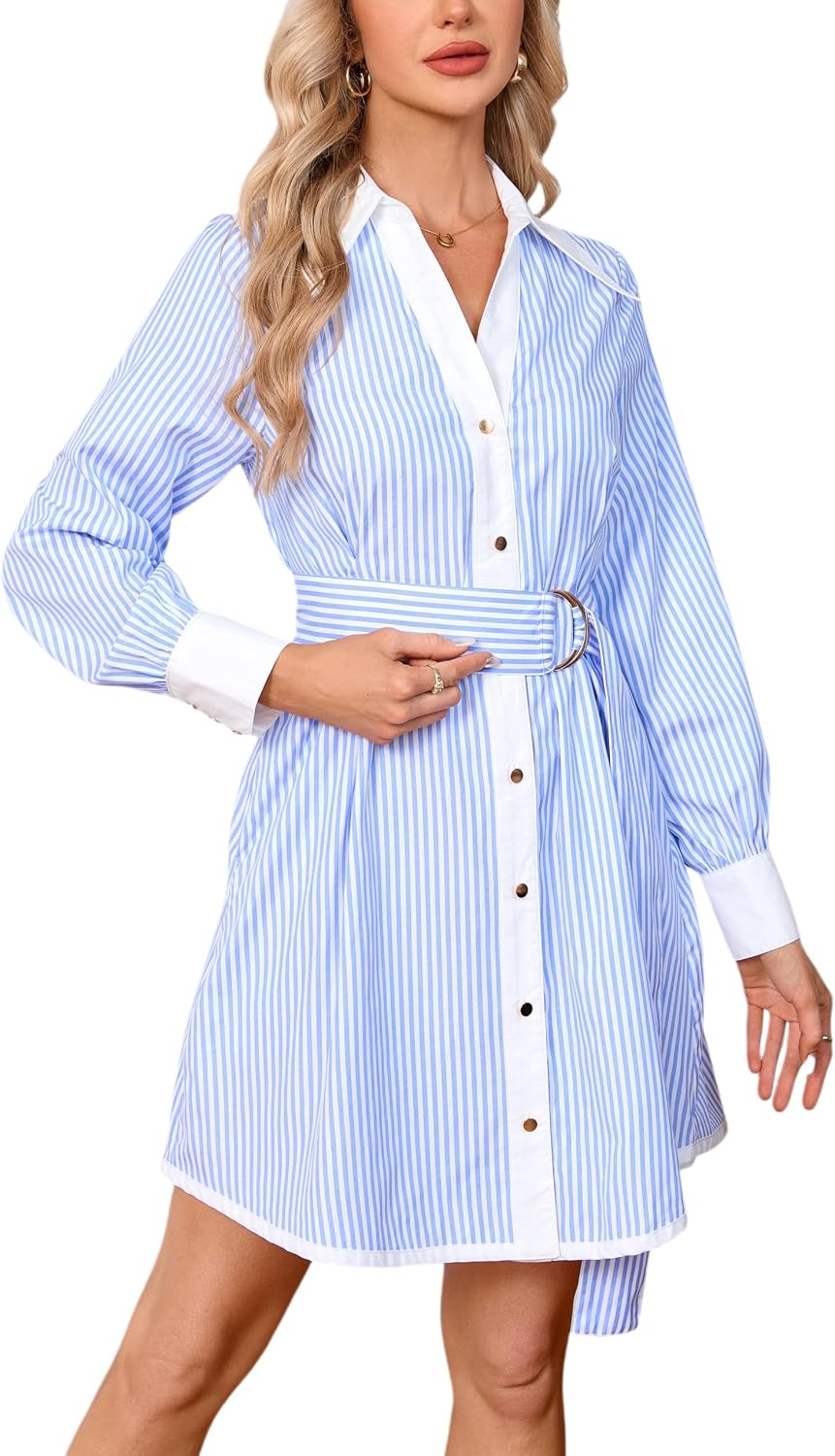 Womens Striped Long Sleeve Button Down Mini Shirt Dress V Neck Belted Dress