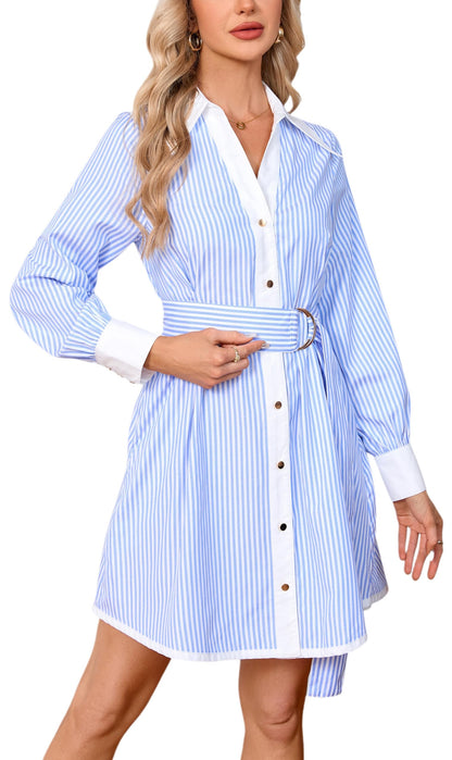 Womens Striped Long Sleeve Button Down Mini Shirt Dress V Neck Belted Dress