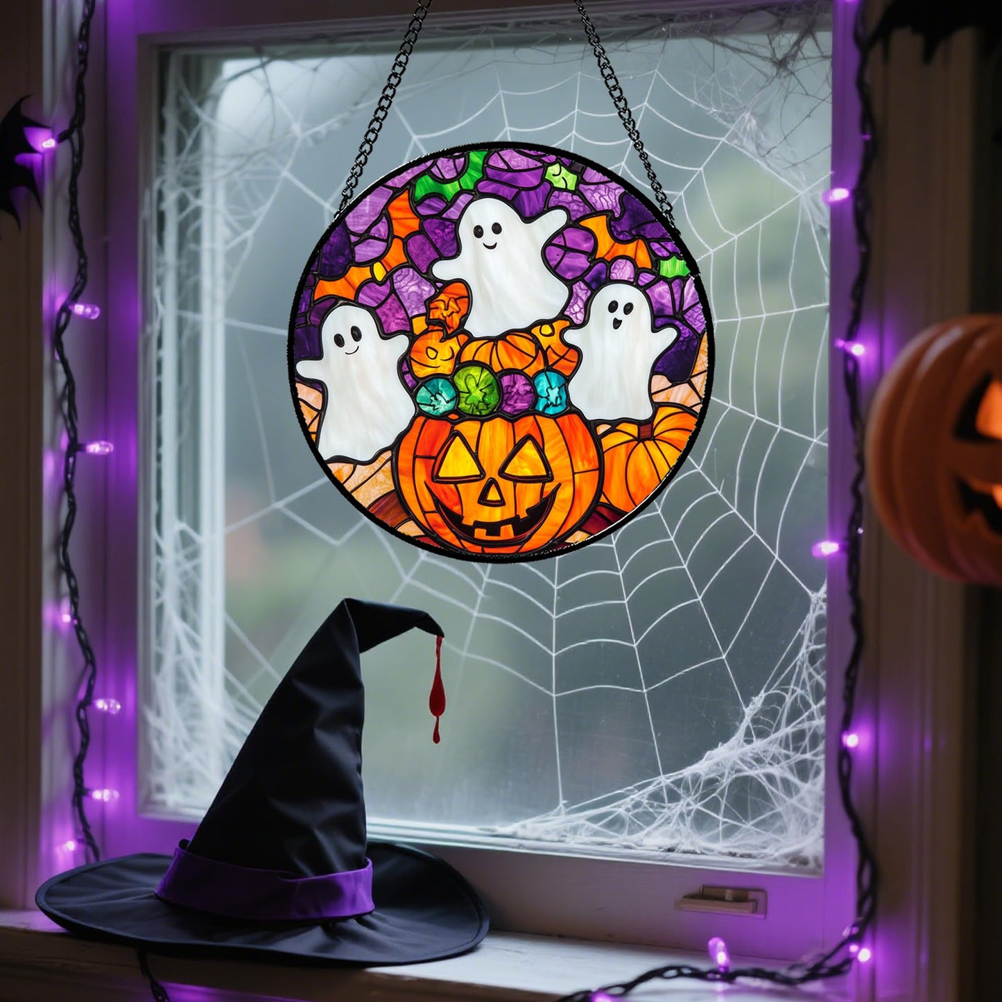 Stained Glass Window Hanging, Halloween Decorations Evil Pumpkin Suncatcher for Doors Garden Indoor Spooky Funny Orange Sun Catchers Gothic Decor Horror Gifts for Women Men Friend 15 in