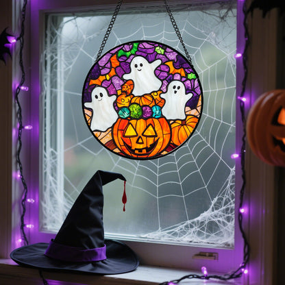 Stained Glass Window Hanging, Halloween Decorations Evil Pumpkin Suncatcher for Doors Garden Indoor Spooky Funny Orange Sun Catchers Gothic Decor Horror Gifts for Women Men Friend 15 in
