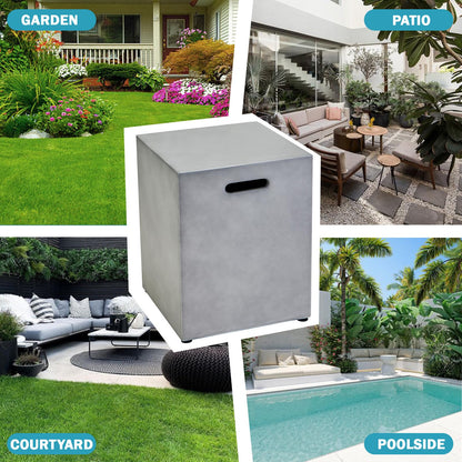 31.5 Inch Round Propane Fire Pit Table - Concrete Round Fire Bowl 50,000 BTU Natural Gas Firepit Burner with Steel Lid, Lava Rocks, Waterproof Cover for Outside Patio, Backyard, Party