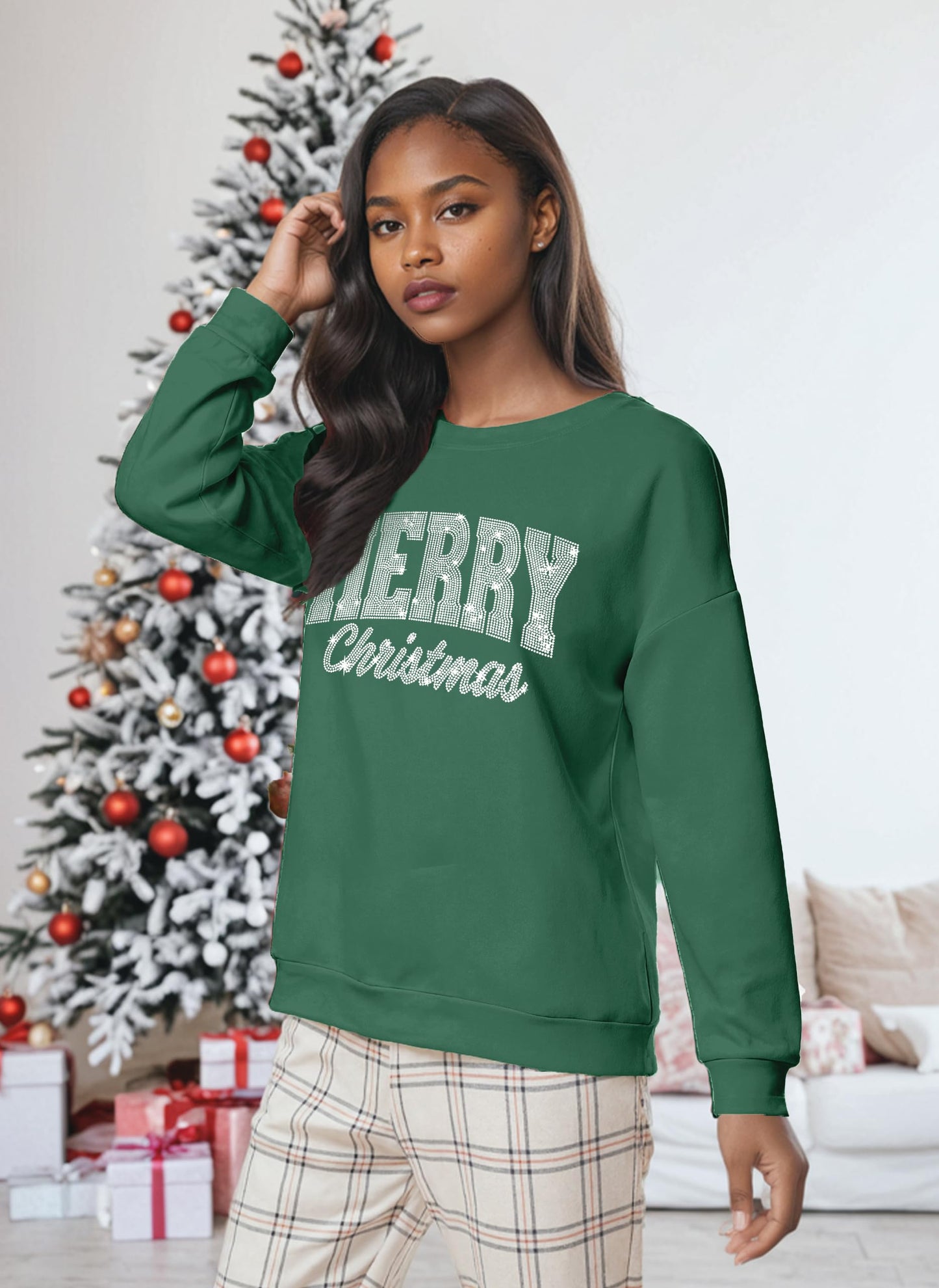 Tewmeu Christmas Sweatshirts for Women Sparkly Merry and Bright Sweater