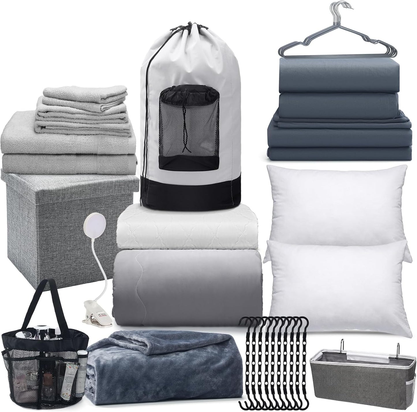 42 Pcs College Dorm Essentials Set Twin XL Bedding Bundle Bedding Bathroom and Storage Supplies Totally Complete for Guys College Dorm School, Gray