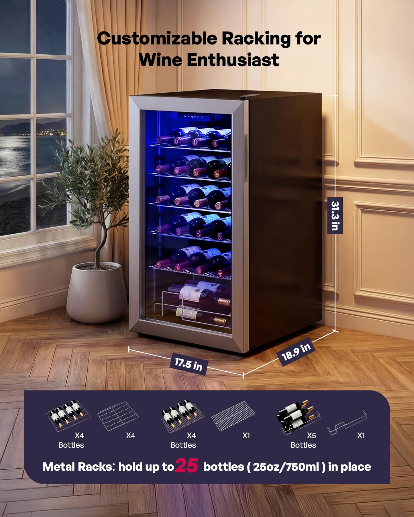 Icyglee 25 Bottle Compressor Wine Cooler Refrigerator, Freestanding Wine Cellar with 41-64°F Adjust Temp & Double-layer Glass Door for Red and White, Wine Cooler for Home Bar, Black