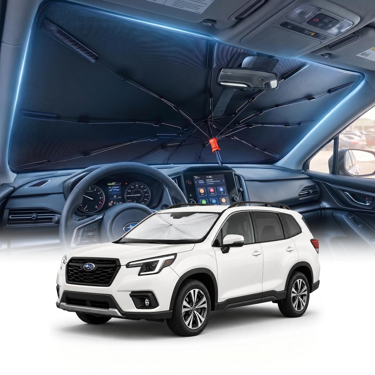 DMJN Umbrella Windshield Sun Shade - Medium, Car Sunshade for Front Windshield [Nano Ice-Crystal Coatings] UPF50+ Heat & UV Block, Protect Interior & Keep Cooler Universal for Car, SUV, Truck
