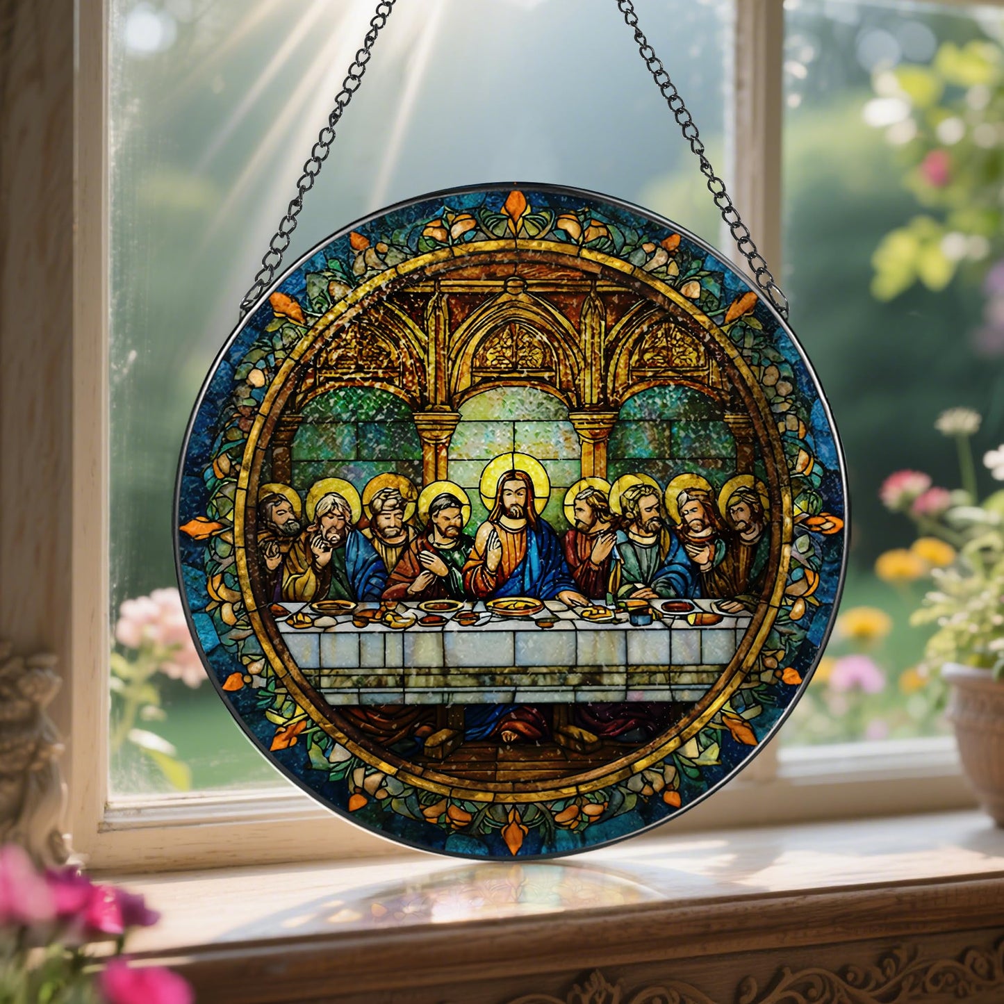 8-Inch Jesus with Cardinals Suncatcher Ornament, Stained Glass Window Hanging & Religious Christmas Ornament, Christian Window Decor — Memorial Gift, Christian Gifts for Her, Religious Gifts