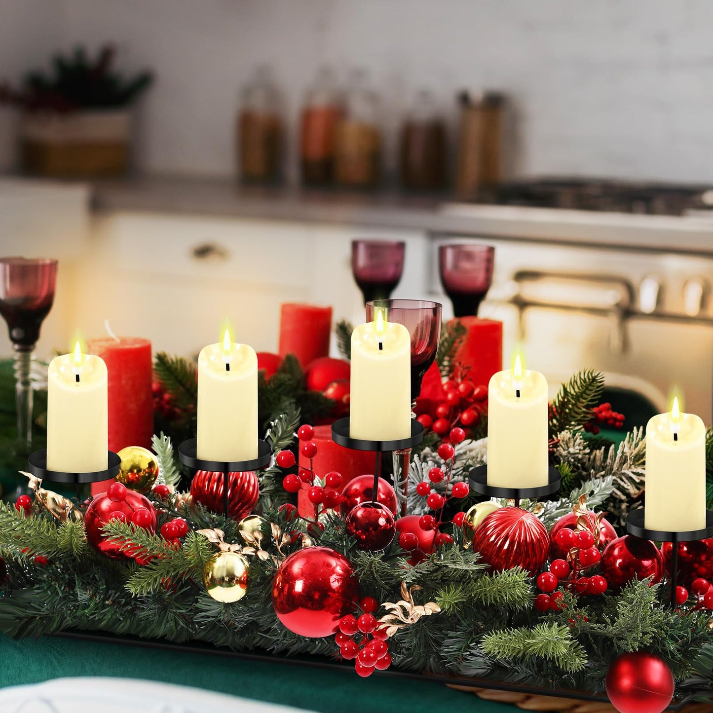 Funnymoom Christmas Tabletop Centerpiece 30 Inch Christmas Poinsettia Candle Holder with 5 Candle Artificial Table Decorations with Red Berries Gold Plants(Red Ball)