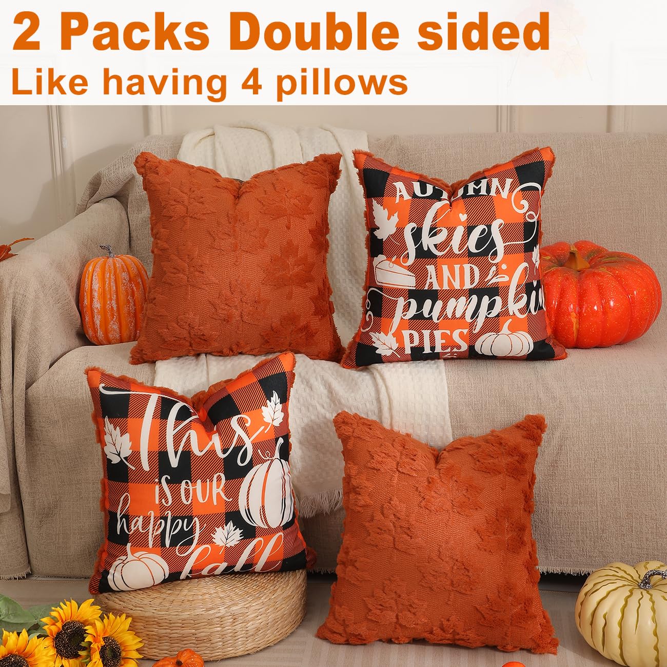TOYPOPOR Halloween Decorations, 2 Packs Double Sided Ghost Pillow Covers, Soft Fur Throw Pillow Cases Indoor outdoor Pumpkin Couch Cushion Case for Fall Autumn Bedroom Living Room Home Decor 18''x18''