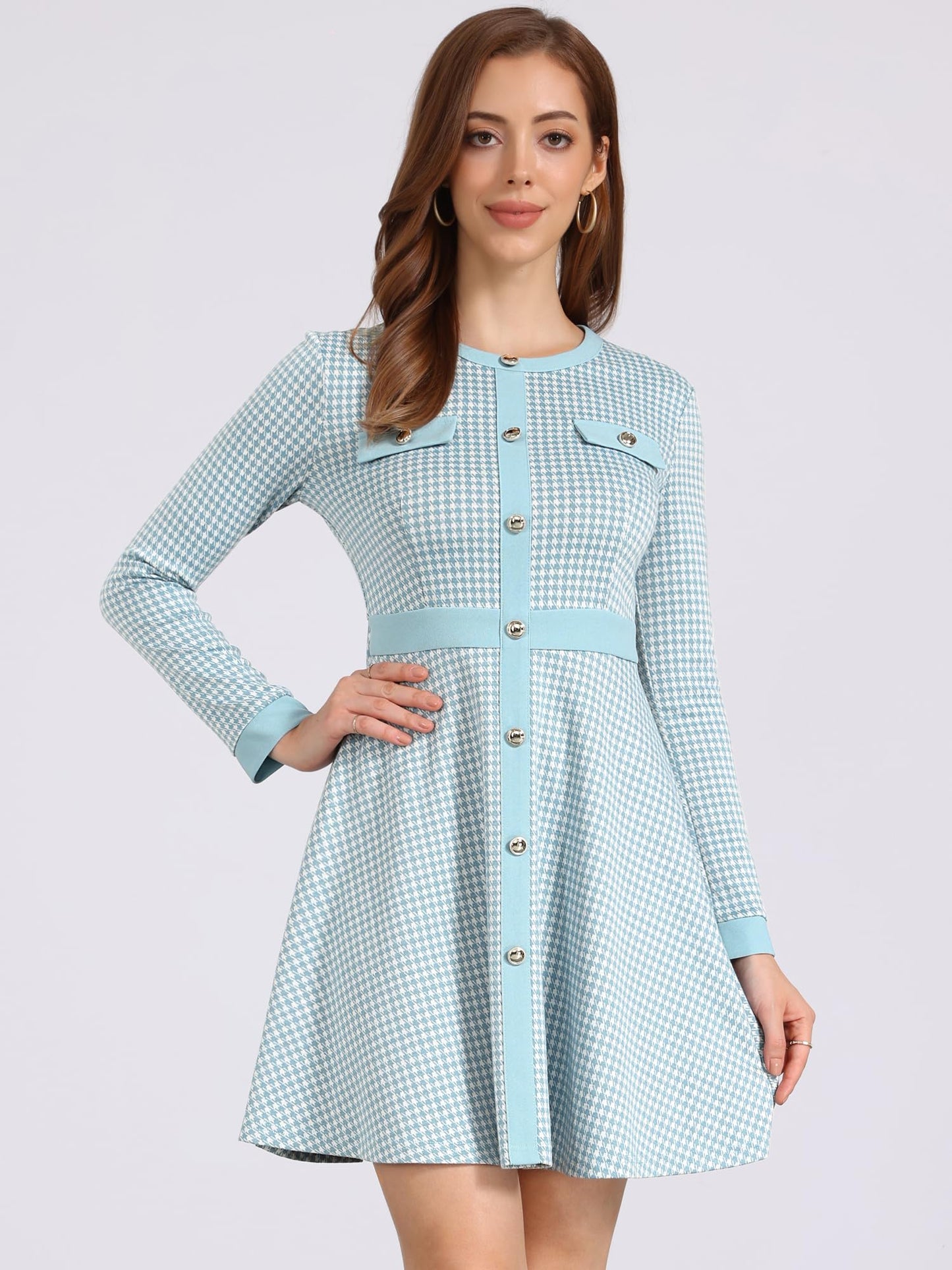Allegra K Women's Houndstooth Plaid A-Line Elegant Business Work Dress