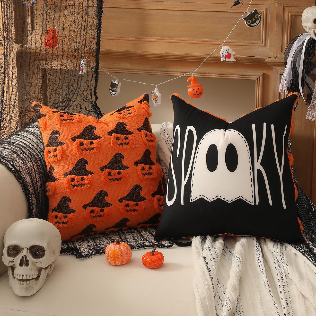 TOYPOPOR Halloween Decorations, 2 Packs Double Sided Ghost Pillow Covers, Soft Fur Throw Pillow Cases Indoor outdoor Pumpkin Couch Cushion Case for Fall Autumn Bedroom Living Room Home Decor 18''x18''