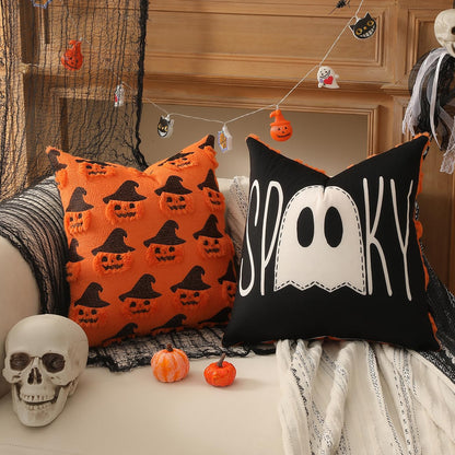 TOYPOPOR Halloween Decorations, 2 Packs Double Sided Ghost Pillow Covers, Soft Fur Throw Pillow Cases Indoor outdoor Pumpkin Couch Cushion Case for Fall Autumn Bedroom Living Room Home Decor 18''x18''