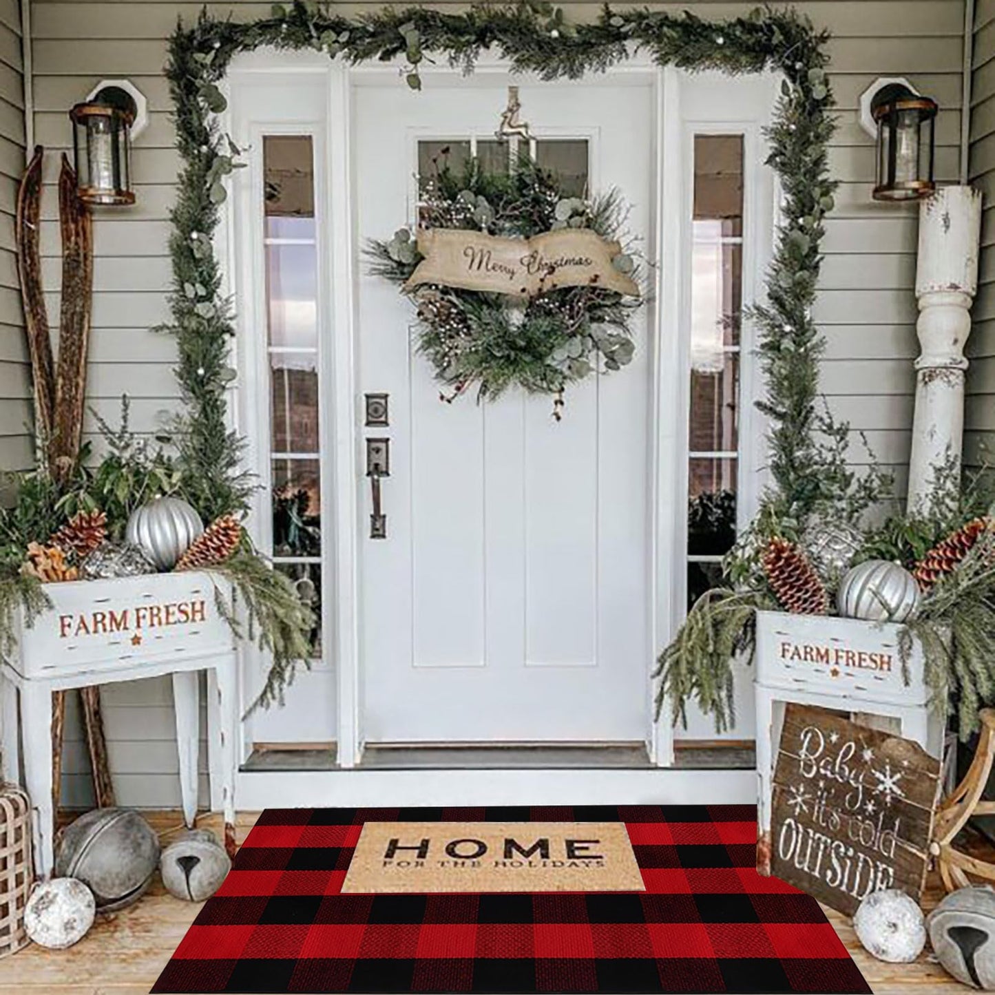 Christmas Door Mat Outdoor 35.4''x59'' Buffalo Plaid Christmas Decor Rug Cotton Hand-Woven Layered Door Mats Washable Carpet for Front Porch, Kitchen, Farmhouse, Entryway