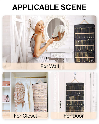BAGSMART Hanging Jewelry Organizer Storage Roll with Hanger Metal Hooks Double-Sided Jewelry Holder for Earrings, Necklaces, Rings on Closet, Wall, Door, 1 piece, Medium, Pink
