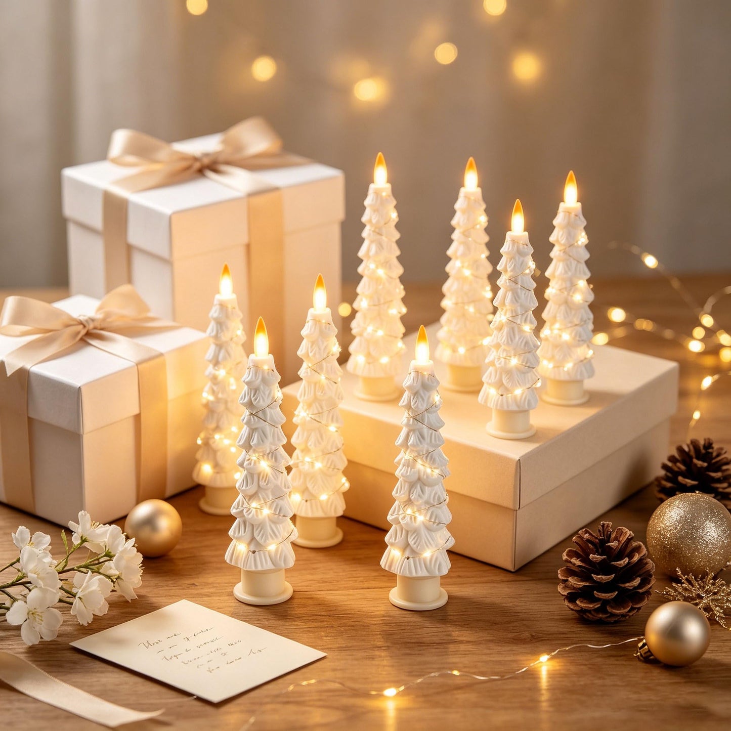 2 Pack White Christmas Tree LED Taper Candles, Flameless Flickering Candles with Copper String Lights, Upgraded Realistic Flame Effect, Battery Operated with Remote for Christmas Home Decoration