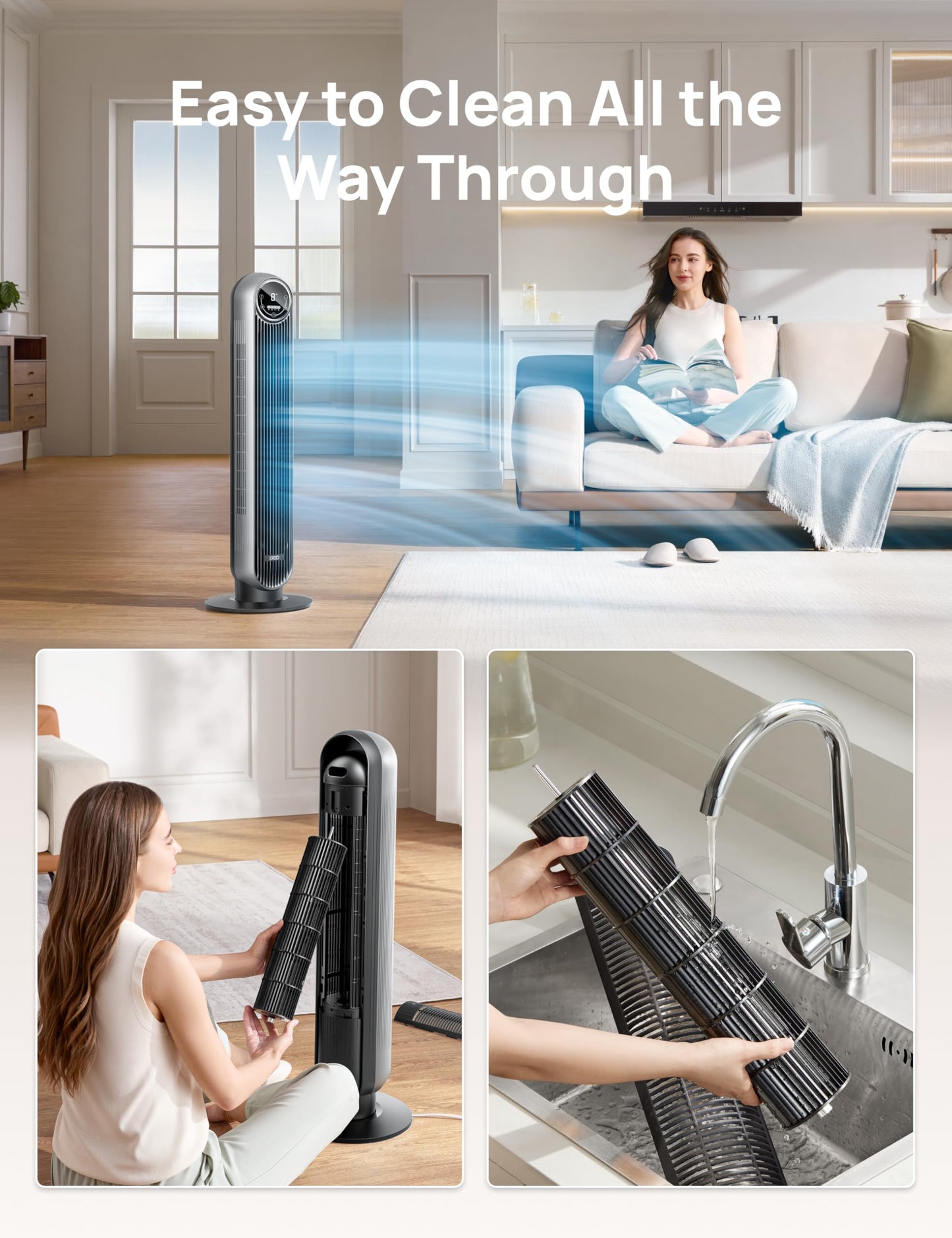 DREO Tower Fan for Bedroom, 2026 Upgraded DC Motor, 28ft/s High Velocity, 20dB Ultra Quiet Standing Fan, 8 Speeds 4 Modes, 90° Oscillating Bladeless Fan for Indoors, Floor Fans with Remote, Black